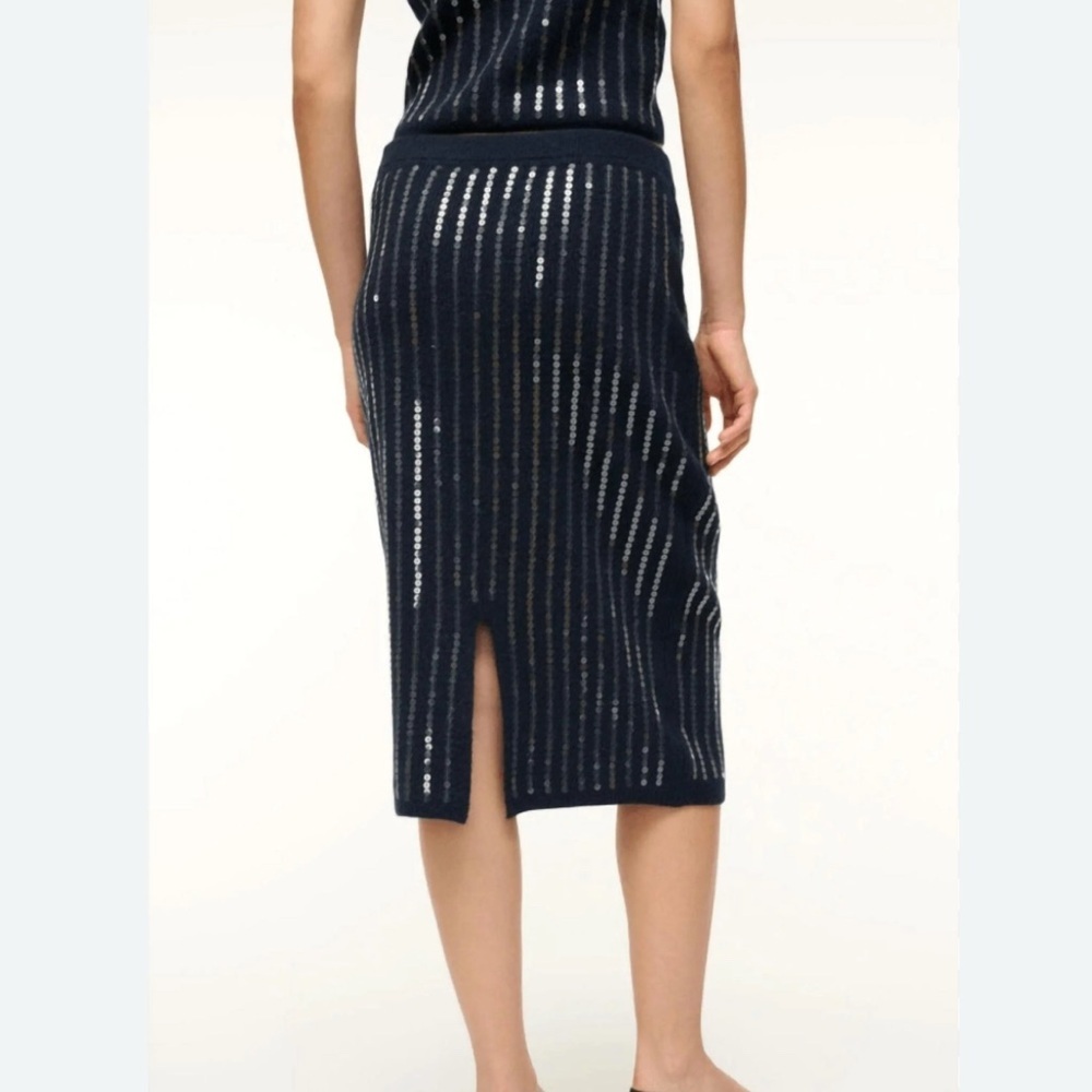 NWT Staud Navy Sequin Stripe Knit Midi Skirt S - Picture 2 of 7
